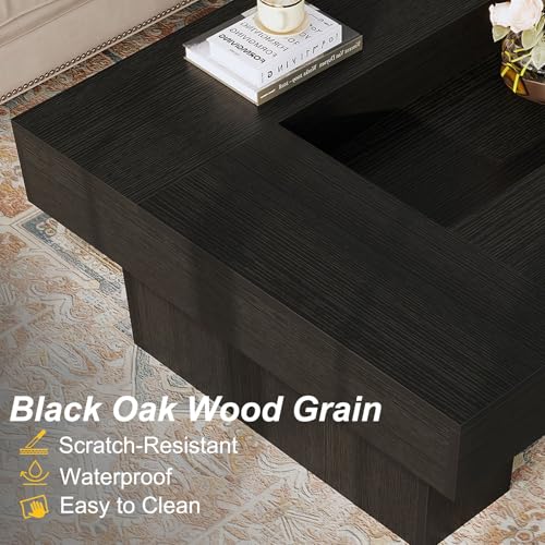 LVB Black Coffee Table, Modern Wood Led Living Room Table with Storage, Unique Large Wide Rectangle Center Table with LED Light, Contemporary low Tea Table for Bedroom Home Office, 47.24 In, Black Oak - color: Black Oak