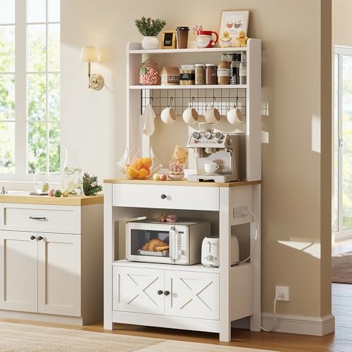 LIKIMIO Baker Rack with Spill-Safe Power Outlet & Drawer, White | Coffee Bar Cabinet with Storage, Farmhouse Microwave Stand with Hutch and 5 Hooks for Kitchen - color: White