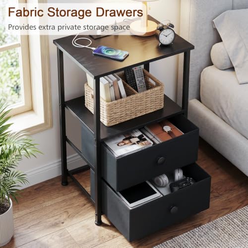 LOAKEKEL Night Stand, Nightstands Set of 2 with Charging Station | Bedside Table with 2 Fabric Drawers for Bedroom, End Tables with Storage Shelf for Small Spaces, Black - color: Black, style: Power