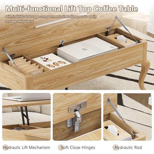 Lift Top Coffee Table, Farmhouse Coffee Table with Hidden Storage, Wood Center Table Dining Table for Living Room, Apartment, Home Office (Natural)