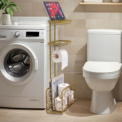 Oasis Creations Toilet Paper Holder Tissue Rack Stand with Magazine Toilet Roll Storage Basket- Freestanding, Gold Metal - color: Gold