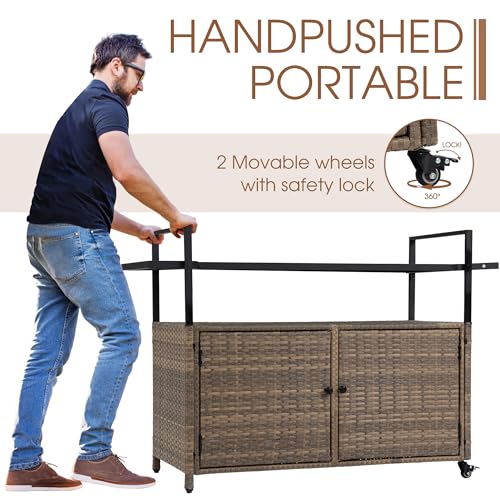 HOMEFUN Outdoor Bar Cart Table - Patio Console Storage Cabinet BBQ Grill Carts Buffet with Wheels Waterproof Wicker Serving Tables for Outside, Brown - color: 01-brown