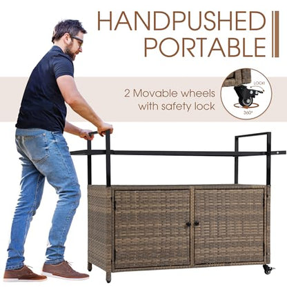 HOMEFUN Outdoor Bar Cart Table - Patio Console Storage Cabinet BBQ Grill Carts Buffet with Wheels Waterproof Wicker Serving Tables for Outside, Brown - color: 01-brown