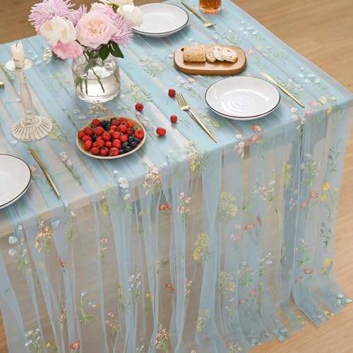 Horaldaily Embroidery Flower Blue Tablecloth 60×60 Inch Square | Spring Summer Gauze Tablecloth, Seasonal Tulle Table Cover, Garden Party Decor, Resuable,Washable - color: Blue, size: 60" x 60" (Square)