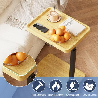 Tv Tray,Adjustable Height C Shaped End Side Table for Eating on Couch That Slide Under,360°Swivel Sofa Snack Dinner Table with Wheels for Living Room and Bedroom, Bed,Chair(Oak+Black) - color: Oak+black