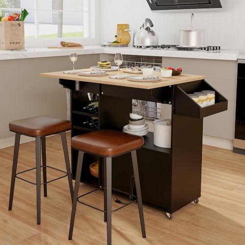 Giantex Rolling Kitchen Island Cart with Drop Leaf, Power Outlet, Spice Rack, 12 Wine Rack, Glass Holder, Drawer, Storage Cabinet, Towel Rack, Island Table for Breakfast Coffee Bar (Black & Natural) - color: Black & Natural