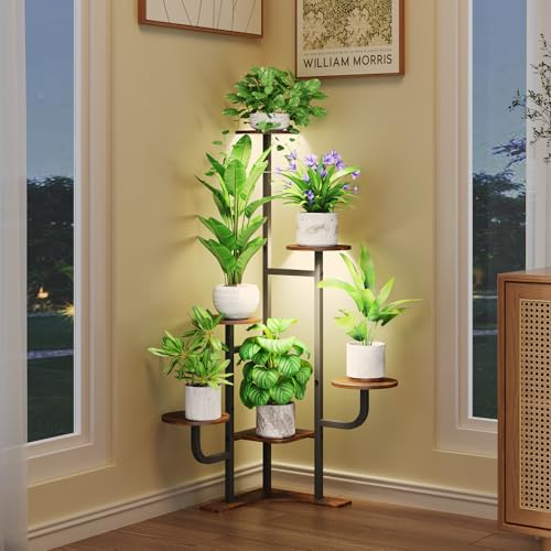 Homsorout Corner Plant Stand with Grow Light - 6 Tier Plant Stand Indoor Round Metal Plant Shelf with Adjustable Light, Plant Organizer for Living Room, Garden, Home Decor, Brown - color: Round-Brown-with Lights