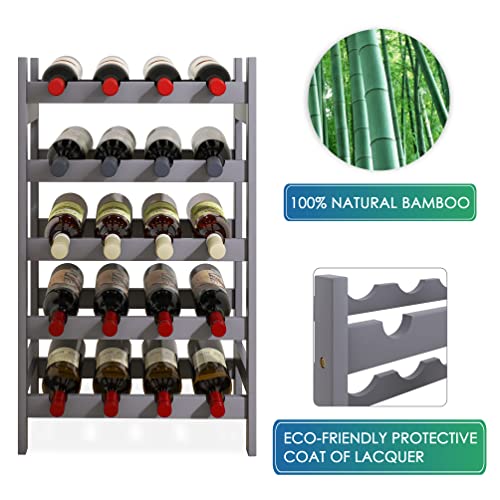 SMIBUY Bamboo Wine Rack, 20 Bottles Display Holder, 5-Tier Free Standing Storage Shelves for Kitchen, Pantry, Cellar, Bar (Gray) - color: Grey