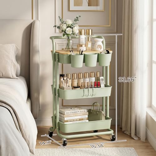 3 Tier Rolling Cart, Multifunctional Storage Cart with Table Top, Lockable Wheels, Heavy Duty Metal Frame Utility Cart for Kitchen, Bathroom, Office, Bedroom (Green) - color: Green