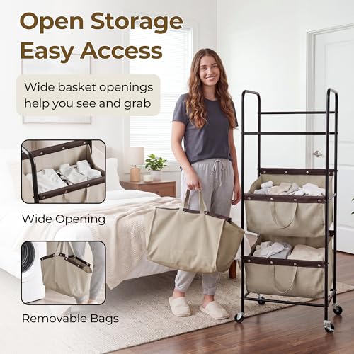 GRANNY SAYS 3 Tiered Laundry Sorter, Narrow Hamper Cart with Wheels, Sand - color: Light Khaki