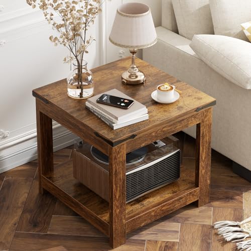 Homieasy End Table, 20x20 Inch Square Side Table for Living Room, Large Wood Accent Table with Storage Shelf, Modern Farmhouse Nightstand Bedside Table, Rustic Brown - color: Rustic Brown