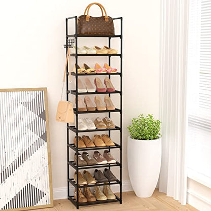 Narrow Shoe Rack 10 Tiers Tall Shoe Rack for Entryway Closet 20 24 Pairs Shoe & Boots Organizer Storage Shelf Durable Black Metal Stackable Shoe Cabinet with Hooks, 17.1D x 11.8W x 78.7H in - color: Black