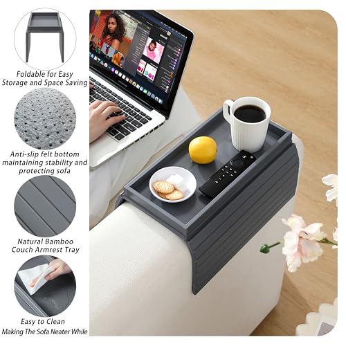 Bamboo Couch Arm Tray Table，Foldable Sofa Armrest Tray Table for Couch，Flexible and Anti-Slip Couch Arm Cup Holder，Portable Sofa Arm Chair Table for Drink,Cups, Eats，Snacks, Phone, Remote (Gray) - color: Gray