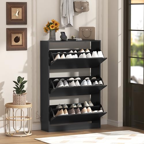 Wodeer Narrow Shoe Cabinet for Entryway, Slim Shoe Storage Cabinet with 3 Flip Drawers, Hidden Wood Shoe Cabinet Storage, Freestanding Shoe Rack Organizer Foyer, Hallway, Black - color: Black, style: Hidden 3 Drawers
