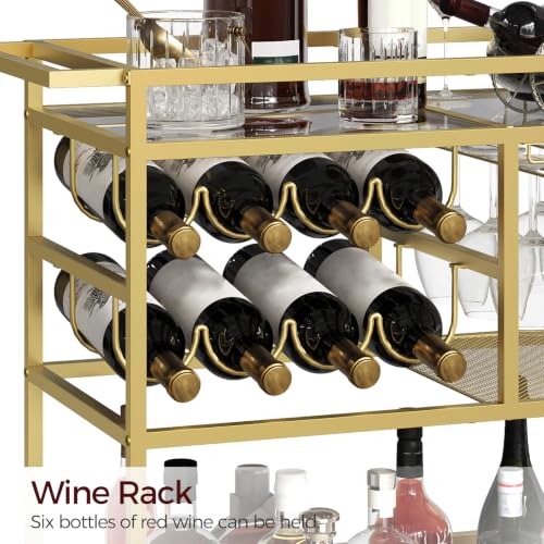 MAHANCRIS Bar Cart for Home, 3-Tier Serving Cart with Wheels and Handle, Beverage Cart with Wine Rack and Glass Holders, Rolling Wine Cart for Kitchen, Dining Room, Gold RCGD81B01 - size: 31.7''L x 15.7''W x 34.6''H