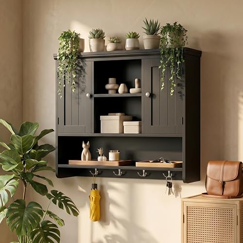 Bathroom Wall Cabinet with Doors and Hooks, 3-Tier Wall Mounted Cabinet | Modern Medicine Cabinet with 3 Open Shelves, Over the Toilet Storage Cabinet for Kitchen, Laundry Room, Living Room, Black - color: Black