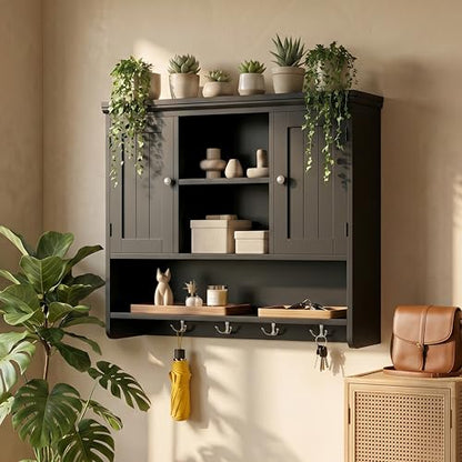 Bathroom Wall Cabinet with Doors and Hooks, 3-Tier Wall Mounted Cabinet | Modern Medicine Cabinet with 3 Open Shelves, Over the Toilet Storage Cabinet for Kitchen, Laundry Room, Living Room, Black - color: Black