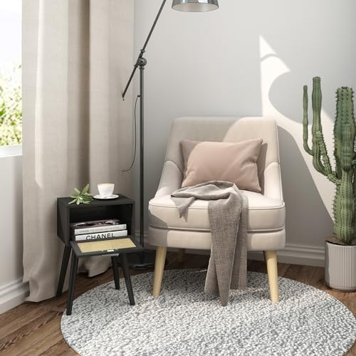 LAATOOREE Nightstand Set of 2, Small End Table with Rattan Door, Bedside Table with Solid Wood Feet, Boho Side Table for Bedroom Living Room Small Space, Black - color: Black, style: Boho Style