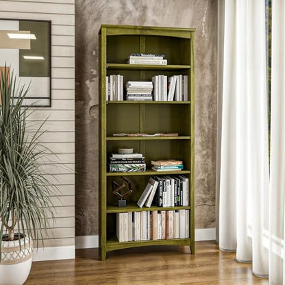 Camaflexi Shaker Style 6 Shelf Bookcase/Solid Wood / 72" High/Adjustable Shelving/Closed Back/Display Bookshelf for Living Room, Bedroom, Home and Office, Olive Grove Green - color: Olive Grove Green, size: 72"