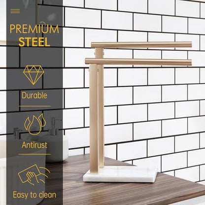 KOKOSIRI Hand Towel Racks Stand Towel Holder 2-Tier with Marble Base for Bathroom Vanity Countertop, Champagne Bronze Stainless Steel 15.7'' Height THS0007-CPG - color: Champagne Bronze, size: 2-Bar