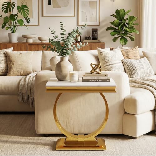 Asday Gold End Table Set of 2, White Side Table for Living Room, Bedroom, 2 Stable End Tables with U-Shaped Polished Gold Base and Square Bottom Plate - color: White, size: Set of 2
