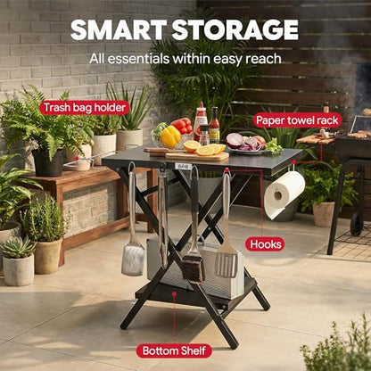 Feasto Outdoor Grill Table, Folding Prep Table, 30" x 24", Black | with Garage Rack & Tissue Holder, Foldable Pizza Oven Stand & Griddle Stand for Gathering and Party - color: Black