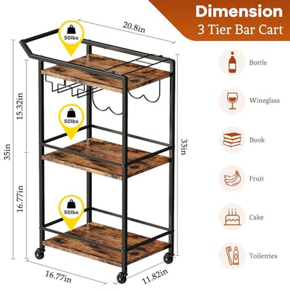 LOTEYIKE 3 Tier Bar Cart, Mini Liquor Utility Cart for Wine Beverage Dinner Party, Rolling Wine Coffee Drink Serving Cart with Lockable Wheels for Home Kitchen Bars (Rustic Brown) | Rolling Wine Coffee Drink Serving Cart with Lockable Wheels for Home Kitc