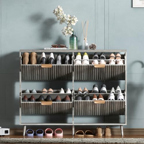 Shoe Cabinet Storage,Modern Freestanding Organizer with 4 Flip Drawers,Narrow Shoe Rack Cabinet for Entryway,Grey - color: Grey, size: 4-Drawers