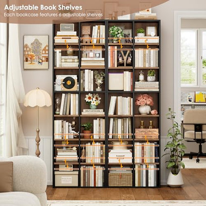 FOTOSOK 71'' Tall Bookshelf with 14 Cubes, 7 Tier Double Wide Wood Bookshelf with 6 Adjustable Shelves, 19.6" Narrow Bookcase DVD/CD Media Storage, Space Saving Display Shelf Cabinet, Black/Brown - color: Black/Brown
