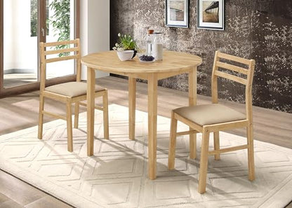 Coaster Home Furnishings 3-Piece Round Wood Dining Room Set Drop Leaf Extension Table Ladder Back Side Chairs Upholstered Seat Cushions Beige and Natural 130006