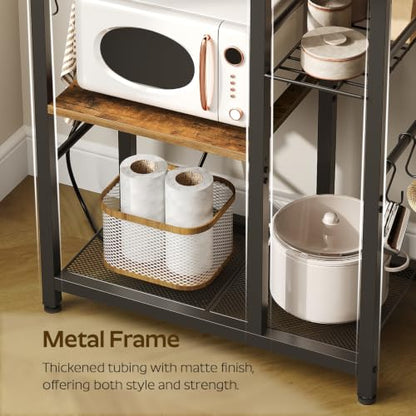 YATINEY Movable Bakers Rack, Microwave Stand with Charging Station, Kitchen Storage Rack with Hooks and Basket, Casters and Adjustable Feet, for Small Space, Kitchen, Dining Room, Rustic Brown HB04UBR - color: Rustic Brown + Black