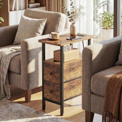 LOAKEKEL Narrow End Table with Charging Station, Side Tables Living Room | End Tables Living Room Set of 2, Skinny Nightstand with Fabric Drawers for Bedroom, Small Spaces, Rustic Brown - color: Rustic Brown, style: Power