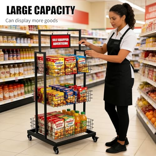3-Tier Metal Wire Basket Display Cart with Lockable Casters and Blank Sign Holder Multipurpose Storage Rack for Snack Candy Fruit Bakery Convenience Store Kitchen Pantry