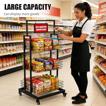3-Tier Metal Wire Basket Display Cart with Lockable Casters and Blank Sign Holder Multipurpose Storage Rack for Snack Candy Fruit Bakery Convenience Store Kitchen Pantry