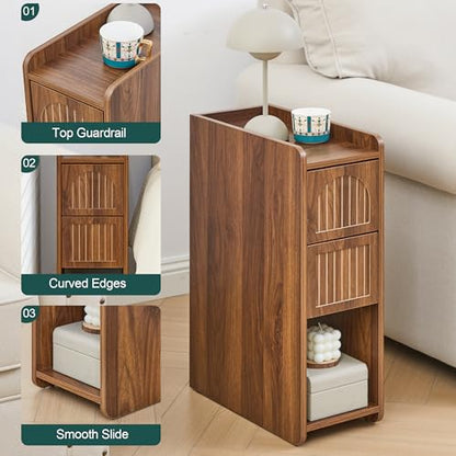 FurSch Fluted Narrow Nightstand & Skinny Bedside Table for Bedroom, Thin Night Stand Side End Table with 2 Drawers and Open Shelf for Small Spaces (Walnut-2 pcs) - color: Walnut-2 Pcs