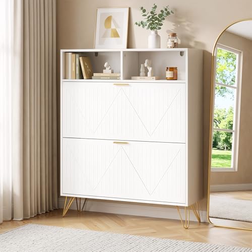 JOZZBY Shoe Cabinet Storage with 2 Striped Flip Drawers, Freestanding Slim Shoe Organizer Cabinet with Top Shelves, Narrow Shoe Rack for Entryway, Hallway, Living Room, White - size: Striped
