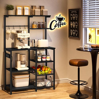HOOBRO Large Bakers Rack with Power Outlets, 6-Tier Microwave Stand with 4 Hooks, Coffee Bar, Kitchen Shelf with Wire Basket, for Kitchen, Living Room, Office, Black BB64UHB01 - color: Black
