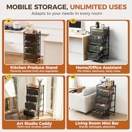 5 Tier Kitchen Storage Cart with Wheels, Utility Fruit Vegetable Storage Rack Stand with Pull-Out Baskets & Wood Top, Metal 4-Drawers Rolling Snack Cart, Kitchen Cart for Potato Onion(Black) - color: Black