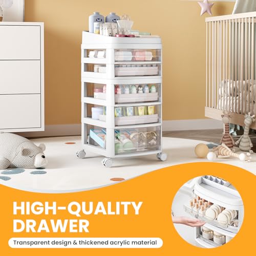 Rolling Cart with 5 Drawers, Clear Plastic Drawer Organizers, Dust Proof Under Desk Storage for Makeup, Skincare, Art Crafts and Baby Items, Acrylic Cosmetic Organizer with Dividers, Vanity Cart - size: 5 Tier