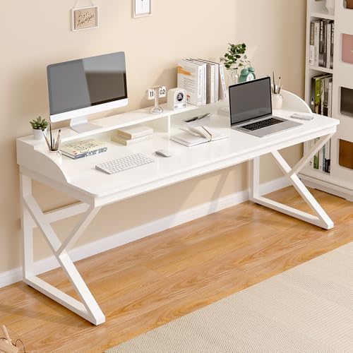 OSCHF Long Desk with Monitor Stand - 63" Double Long Computer Table for 2-Person Workstation, Large Writing Study Work Desk for Home and Office, White - color: White, size: 63"x27.6"