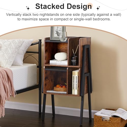 VECELO Nightstand Industrial Side End Table/Stackable Accent Furniture with 2-Tier Open Storage Compartments for Bedroom, Living Room and Small Spaces
