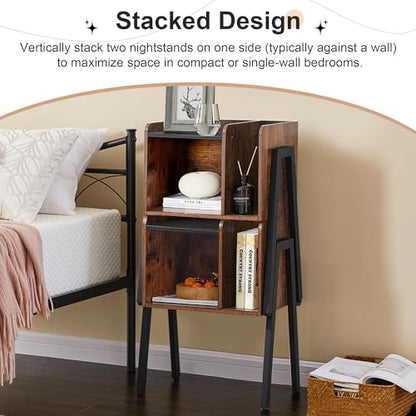 VECELO Nightstand Industrial Side End Table/Stackable Accent Furniture with 2-Tier Open Storage Compartments for Bedroom, Living Room and Small Spaces