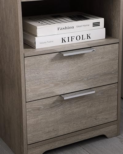 Nightstand with Charging Station,Nightstand with 2 Drawers,Wooden End Table with Drawer and Opening Shelf,Side Table for Bedroom, Rustic Grey - color: Rustic Grey, style: 2 Drawers