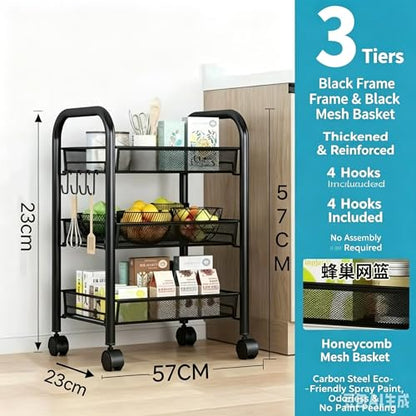 3-Tier Rolling Storage Cart, Metal Mesh Basket Shelves on Wheels, Black, for Kitchen, Nursery and Snack Organization