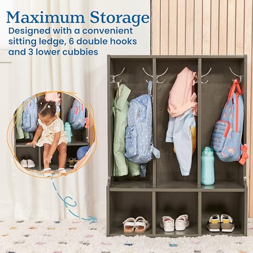 ECR4Kids Streamline 3-Section Toddler Coat Locker with Bench, Classroom Furniture, Grey Wash - color: Grey Wash
