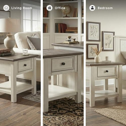 Signature Design by Ashley Bolanburg End Table for Living Room, Two-Tone Distressed Wood Side Table with Smooth-Gliding Drawer, Farmhouse Plank-Style Top, Ideal Night Stand Use, Antique White/Oak - color: Whitewash