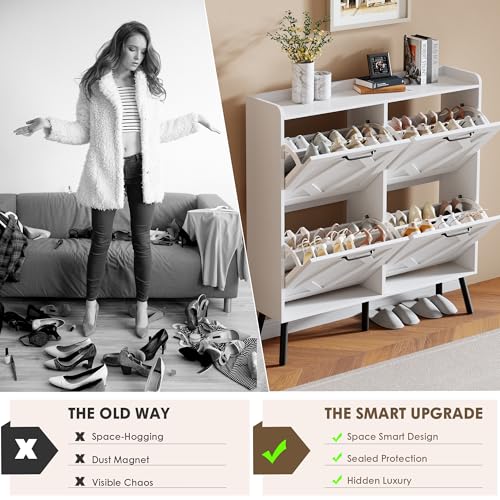 Shoe Cabinet with 4 Flip Drawers, Freestanding Shoe Organizer Cabinet with Metal Legs, Farmhouse Slim Shoe Rack Cabinet for Entryway, Foyer, Hallway, White - color: Pure White