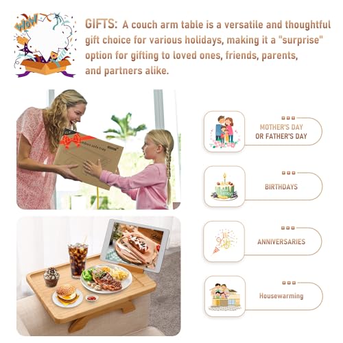 SINWANT Couch Arm Tray Table, Large Space 15.75"x 11.8" Bamboo Couch Armrest Table with 360° Rotating Phone Holder,Foldable Sofa Armrest Tray for Eating Snacks Drinks Remote Books - color: Large Natural