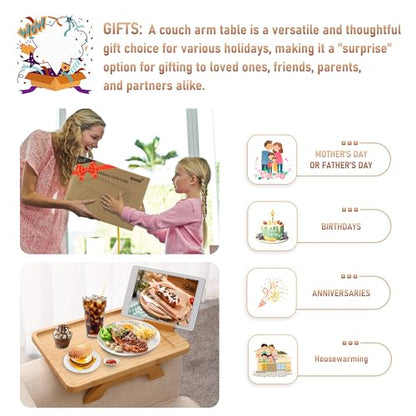 SINWANT Couch Arm Tray Table, Large Space 15.75"x 11.8" Bamboo Couch Armrest Table with 360° Rotating Phone Holder,Foldable Sofa Armrest Tray for Eating Snacks Drinks Remote Books - color: Large Natural