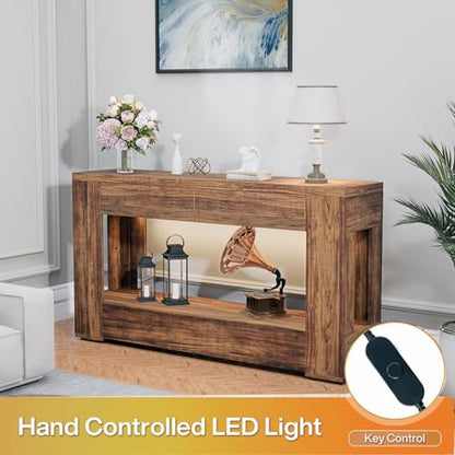 Farmhouse Entryway Table with Storage Drawers and LED Lighting, 55 Inch Long Narrow Console Sofa Table for Hallway Table Entrance Living Room, Rustic Brown